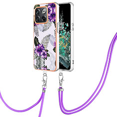 Coque Silicone Motif Fantaisie Souple Couleur Unie Etui Housse avec Laniere Strap Y03B pour OnePlus 10T 5G Violet