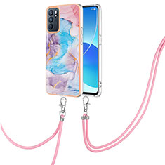 Coque Silicone Motif Fantaisie Souple Couleur Unie Etui Housse avec Laniere Strap Y03B pour Oppo Reno6 5G Bleu