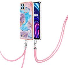 Coque Silicone Motif Fantaisie Souple Couleur Unie Etui Housse avec Laniere Strap Y03B pour Realme C21Y Bleu