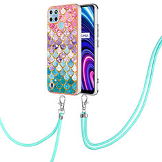 Coque Silicone Motif Fantaisie Souple Couleur Unie Etui Housse avec Laniere Strap Y03B pour Realme C21Y Colorful