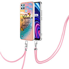 Coque Silicone Motif Fantaisie Souple Couleur Unie Etui Housse avec Laniere Strap Y03B pour Realme C21Y Mixte