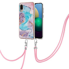 Coque Silicone Motif Fantaisie Souple Couleur Unie Etui Housse avec Laniere Strap Y03B pour Samsung Galaxy A02 Bleu