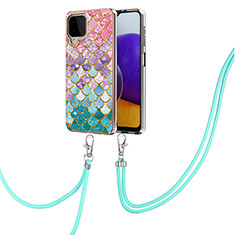 Coque Silicone Motif Fantaisie Souple Couleur Unie Etui Housse avec Laniere Strap Y03B pour Samsung Galaxy A22 4G Colorful