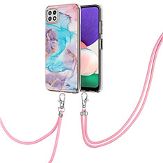 Coque Silicone Motif Fantaisie Souple Couleur Unie Etui Housse avec Laniere Strap Y03B pour Samsung Galaxy A22 5G Bleu