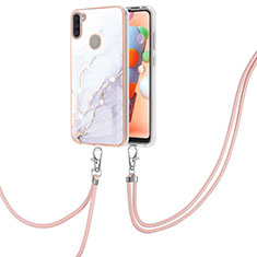 Coque Silicone Motif Fantaisie Souple Couleur Unie Etui Housse avec Laniere Strap Y05B pour Samsung Galaxy A11 Blanc