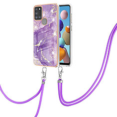 Coque Silicone Motif Fantaisie Souple Couleur Unie Etui Housse avec Laniere Strap Y05B pour Samsung Galaxy A21s Violet