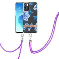 Coque Silicone Motif Fantaisie Souple Couleur Unie Etui Housse avec Laniere Strap Y06B pour Oppo Reno6 5G Bleu