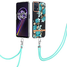 Coque Silicone Motif Fantaisie Souple Couleur Unie Etui Housse avec Laniere Strap Y06B pour Realme 9 5G Cyan