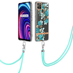 Coque Silicone Motif Fantaisie Souple Couleur Unie Etui Housse avec Laniere Strap Y06B pour Realme C21Y Cyan