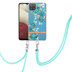 Coque Silicone Motif Fantaisie Souple Couleur Unie Etui Housse avec Laniere Strap Y06B pour Samsung Galaxy A12 Cyan