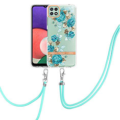 Coque Silicone Motif Fantaisie Souple Couleur Unie Etui Housse avec Laniere Strap Y06B pour Samsung Galaxy A22s 5G Cyan