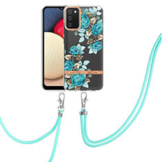 Coque Silicone Motif Fantaisie Souple Couleur Unie Etui Housse avec Laniere Strap Y06B pour Samsung Galaxy F02S SM-E025F Cyan