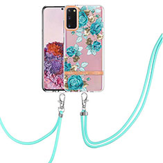 Coque Silicone Motif Fantaisie Souple Couleur Unie Etui Housse avec Laniere Strap Y06B pour Samsung Galaxy S20 Cyan