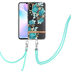 Coque Silicone Motif Fantaisie Souple Couleur Unie Etui Housse avec Laniere Strap Y06B pour Xiaomi Redmi 9AT Cyan