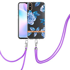 Coque Silicone Motif Fantaisie Souple Couleur Unie Etui Housse avec Laniere Strap Y06B pour Xiaomi Redmi 9i Bleu