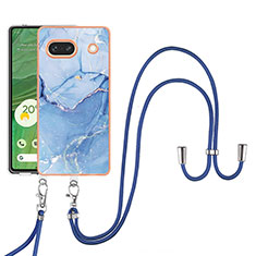 Coque Silicone Motif Fantaisie Souple Couleur Unie Etui Housse avec Laniere Strap Y07B pour Google Pixel 7a 5G Bleu