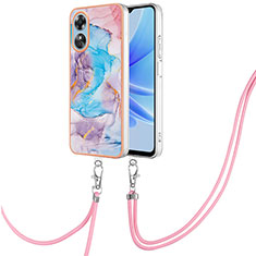 Coque Silicone Motif Fantaisie Souple Couleur Unie Etui Housse avec Laniere Strap YB3 pour Oppo A17 Bleu