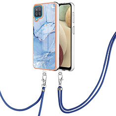 Coque Silicone Motif Fantaisie Souple Couleur Unie Etui Housse avec Laniere Strap YB7 pour Samsung Galaxy A12 Nacho Bleu