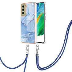 Coque Silicone Motif Fantaisie Souple Couleur Unie Etui Housse avec Laniere Strap YB7 pour Samsung Galaxy S21 FE 5G Bleu