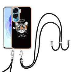 Coque Silicone Motif Fantaisie Souple Couleur Unie Etui Housse avec Laniere Strap YB8 pour Huawei Honor 90 Lite 5G Noir