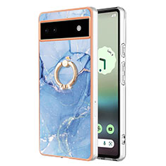 Coque Silicone Motif Fantaisie Souple Couleur Unie Etui Housse avec Support Bague Anneau Y01B pour Google Pixel 6a 5G Bleu