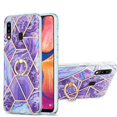 Coque Silicone Motif Fantaisie Souple Couleur Unie Etui Housse avec Support Bague Anneau Y01B pour Samsung Galaxy A20 Violet