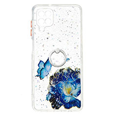 Coque Silicone Motif Fantaisie Souple Couleur Unie Etui Housse avec Support Bague Anneau Y01X pour Samsung Galaxy A12 Bleu