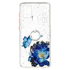 Coque Silicone Motif Fantaisie Souple Couleur Unie Etui Housse avec Support Bague Anneau Y01X pour Samsung Galaxy A21s Bleu