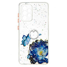 Coque Silicone Motif Fantaisie Souple Couleur Unie Etui Housse avec Support Bague Anneau Y01X pour Samsung Galaxy A52 4G Bleu