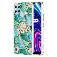 Coque Silicone Motif Fantaisie Souple Couleur Unie Etui Housse avec Support Bague Anneau Y02B pour Realme C25Y India Vert