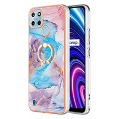 Coque Silicone Motif Fantaisie Souple Couleur Unie Etui Housse avec Support Bague Anneau Y03B pour Realme C21Y Bleu