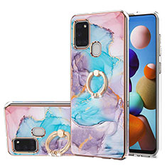 Coque Silicone Motif Fantaisie Souple Couleur Unie Etui Housse avec Support Bague Anneau Y03B pour Samsung Galaxy A21s Bleu