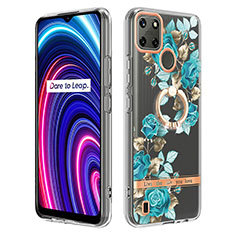 Coque Silicone Motif Fantaisie Souple Couleur Unie Etui Housse avec Support Bague Anneau Y06B pour Realme C21Y Cyan