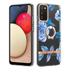 Coque Silicone Motif Fantaisie Souple Couleur Unie Etui Housse avec Support Bague Anneau Y06B pour Samsung Galaxy A03s Bleu