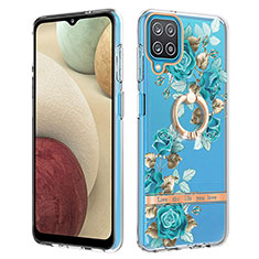 Coque Silicone Motif Fantaisie Souple Couleur Unie Etui Housse avec Support Bague Anneau Y06B pour Samsung Galaxy A12 5G Cyan