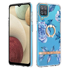 Coque Silicone Motif Fantaisie Souple Couleur Unie Etui Housse avec Support Bague Anneau Y06B pour Samsung Galaxy A12 Bleu