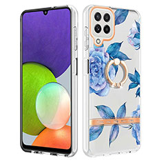 Coque Silicone Motif Fantaisie Souple Couleur Unie Etui Housse avec Support Bague Anneau Y06B pour Samsung Galaxy A22 4G Bleu