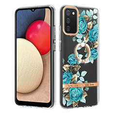 Coque Silicone Motif Fantaisie Souple Couleur Unie Etui Housse avec Support Bague Anneau Y06B pour Samsung Galaxy F02S SM-E025F Cyan