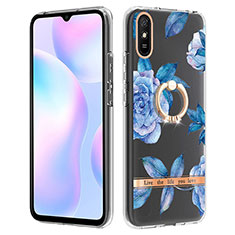 Coque Silicone Motif Fantaisie Souple Couleur Unie Etui Housse avec Support Bague Anneau Y06B pour Xiaomi Redmi 9A Bleu