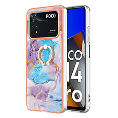 Coque Silicone Motif Fantaisie Souple Couleur Unie Etui Housse avec Support Bague Anneau YB3 pour Xiaomi Poco M4 Pro 4G Bleu