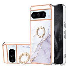 Coque Silicone Motif Fantaisie Souple Couleur Unie Etui Housse avec Support Bague Anneau YB5 pour Google Pixel 8 Pro 5G Blanc