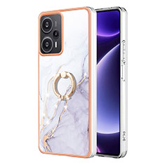 Coque Silicone Motif Fantaisie Souple Couleur Unie Etui Housse avec Support Bague Anneau YB5 pour Xiaomi Poco F5 5G Blanc