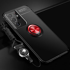 Coque Ultra Fine Silicone Souple Housse Etui avec Support Bague Anneau Aimante Magnetique A02 pour Samsung Galaxy S22 Ultra 5G Rouge et Noir