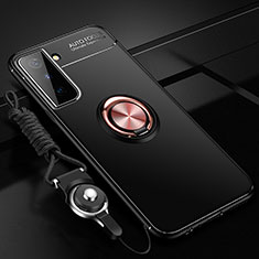 Coque Ultra Fine Silicone Souple Housse Etui avec Support Bague Anneau Aimante Magnetique A05 pour Samsung Galaxy S21 5G Or et Noir