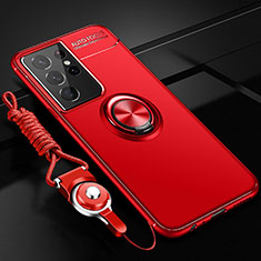 Coque Ultra Fine Silicone Souple Housse Etui avec Support Bague Anneau Aimante Magnetique A05 pour Samsung Galaxy S21 Ultra 5G Rouge