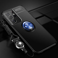 Coque Ultra Fine Silicone Souple Housse Etui avec Support Bague Anneau Aimante Magnetique A05 pour Samsung Galaxy S23 Ultra 5G Bleu et Noir