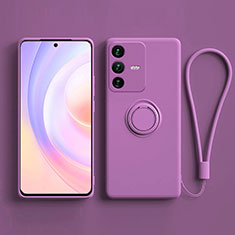 Coque Ultra Fine Silicone Souple Housse Etui avec Support Bague Anneau Aimante Magnetique S03 pour Vivo V23 Pro 5G Violet