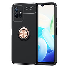 Coque Ultra Fine Silicone Souple Housse Etui avec Support Bague Anneau Aimante Magnetique SD2 pour Vivo iQOO Z6 5G Or et Noir