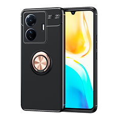 Coque Ultra Fine Silicone Souple Housse Etui avec Support Bague Anneau Aimante Magnetique SD2 pour Vivo T1 5G Or et Noir