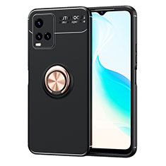 Coque Ultra Fine Silicone Souple Housse Etui avec Support Bague Anneau Aimante Magnetique SD2 pour Vivo Y21 Or et Noir